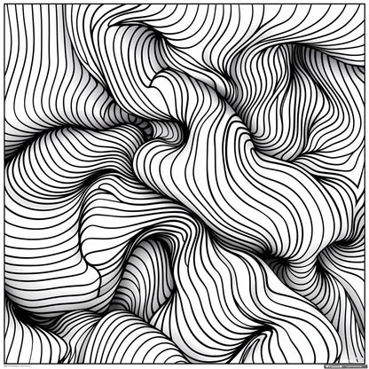 Rhythmic Contours Abstract Coloring Poster featuring flowing lines and wave-like patterns, offering a dynamic coloring experience that invites bursts of color to animate its monochrome design.