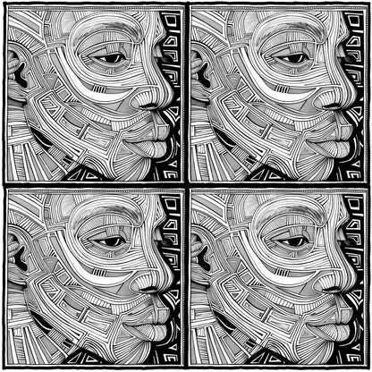 "Unity Mosaic Coloring Poster from the African Mask Collection, featuring four identical faces with intricate tribal lines and geometric patterns. Perfect for group coloring, workshops, or classrooms, this poster invites collaborative creativity and promotes a sense of community as each person contributes to a shared masterpiece."