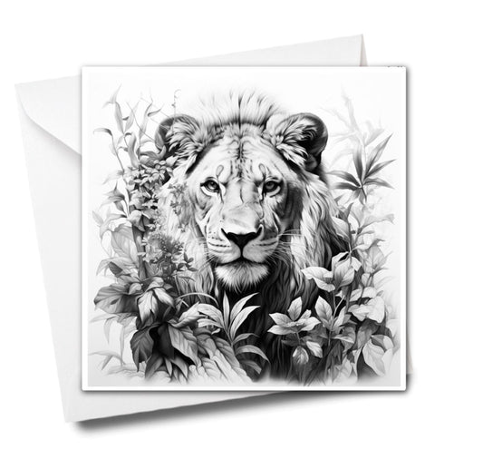 Fine Art - Leafy Lion Colouring Greeting Card - Majestic Animal Art | iColor