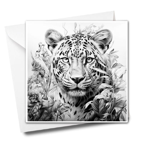 Fine Art - Leafy Leopard Colouring Greeting Card - Majestic Animal Art | iColor