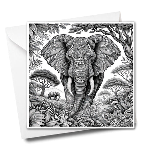 Tribal Elephant Colouring Greeting Card - Majestic Animal Art | iColor